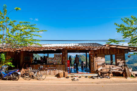 2019, November 22th, Ban Jabo, Mae Hong Son, Thailand. The famous noodles and cafe shop and scenic viewpoint platform in the village.の写真素材