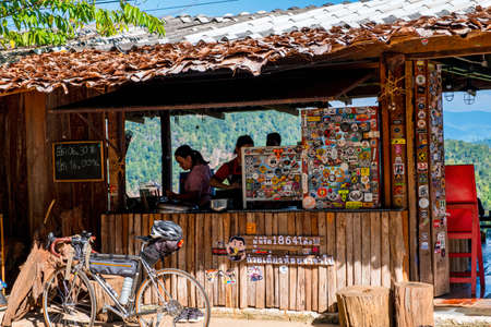 2019, November 22th, Ban Jabo, Mae Hong Son, Thailand. The famous noodles and cafe shop and scenic viewpoint platform in the village.の写真素材