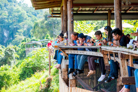 2019, November 22th, Ban Jabo, Mae Hong Son, Thailand. The famous noodles and cafe shop and scenic viewpoint platform in the village.のeditorial素材