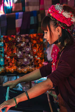 2019 November 23rd, Mae Hong Son, Thailand - Long Neck Tribe, Long Neck Village Ban Huay Sua Tao, Portrait and lifestyle people in the village.のeditorial素材