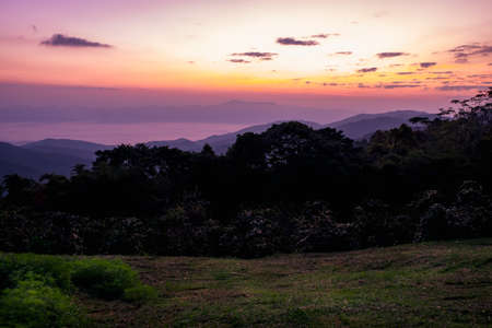 Sunrise scene at the high mountain.  Sea Cloud, and fog, Doi Luang, Chiang Dao, Chiang Mai, Thailand. View from the high mountain, Ban San Pa Kia High Mountain Agriculture.の写真素材