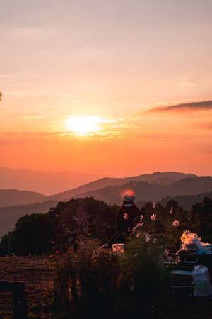 Sunrise scene at the high mountain.  Sea Cloud, and fog, Doi Luang, Chiang Dao, Chiang Mai, Thailand. View from the high mountain, Ban San Pa Kia High Mountain Agriculture. Camping Concept.の写真素材