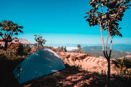 Beautiful Campground on the high mountain. Stunning mountain range view scenery.の写真素材