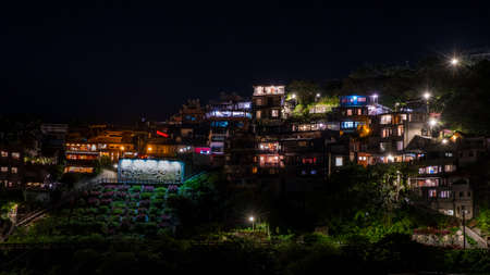 A night scene of Jiufen village. lights from residents and teahouse.の写真素材