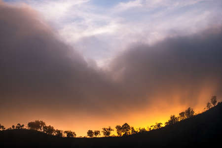 Mountain and Trees and orange sky Silhouette scene during sunset