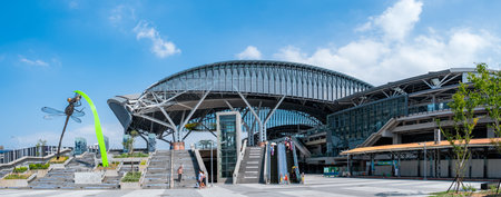 Taiwan, Taichung City, Central District, Taichung Railway Station, 2019 Oct 16th - A scene outside a new modern building. People walking into the station.のeditorial素材