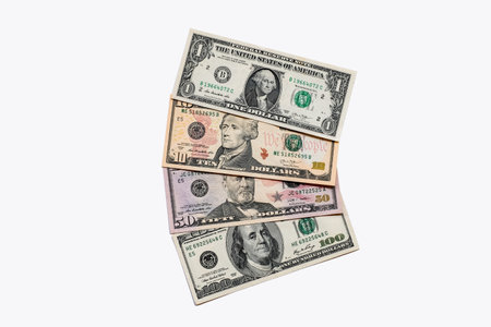 American dollars banknotes background on white background.の写真素材