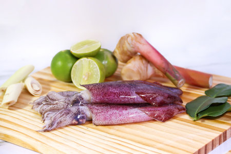 Three Squids with Thai Tom Yum Ingredients on Wooden Cutting Board