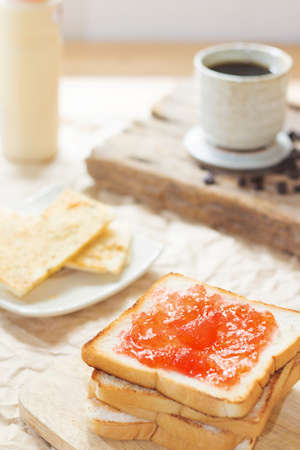 with and homemade jam in on wooden table, closeup.の写真素材