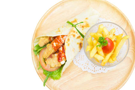 Top view Chicken Twister fries and fried it in a glass timber placed on a separate white backdrop.の写真素材