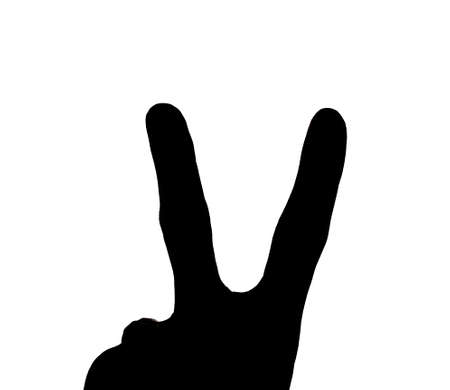 Black V-shaped hand isolated white backdrop.の写真素材