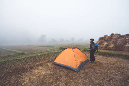 man looking mountain with fog natureの写真素材