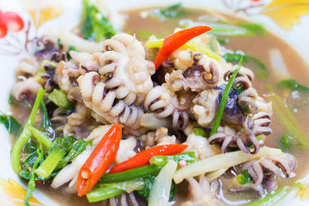 Fried squid pepper onion and parsley plate on the wood.の写真素材