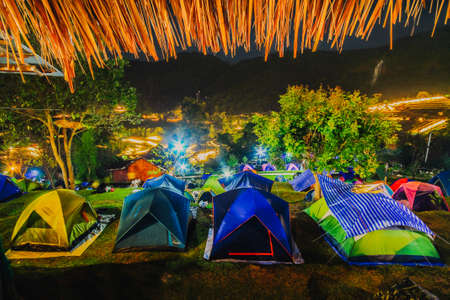 Tourist camping in the mountain Doi  SureYa,Doi Inthanon, ChiangMai,of Thailand - foggy in eveningのeditorial素材