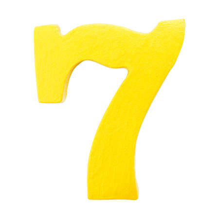 Golden yellow wood number 7 or Seven  isolated white background.One of full number setの写真素材