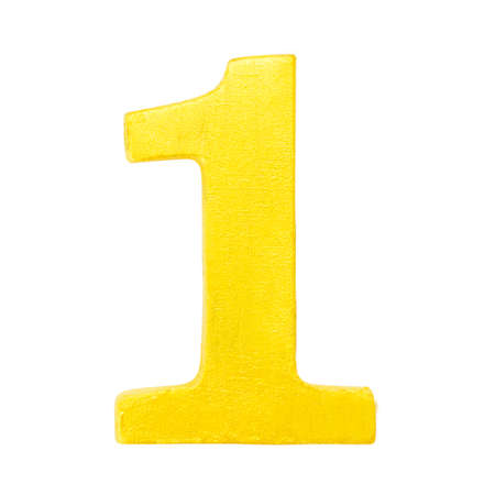 Golden yellow wood number 1 or one  isolated white background.One of full number setの写真素材