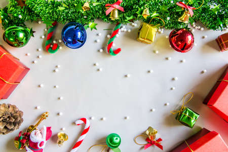 Symbol,Christmas background ,Top view  tree with red gift decoration on gray paper board. Copy space for your text.の写真素材