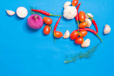 Organic fresh colorful vegetables with potatoes, tomatoes,coriander,Chili, shallots, garlic....
