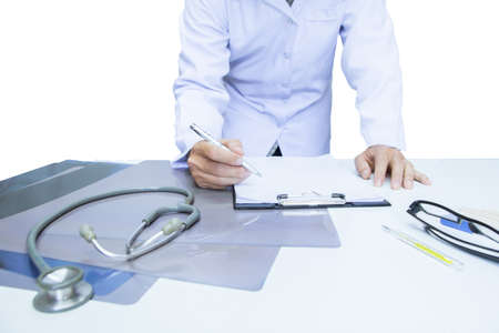 Close-up, Doctor hand hold pen and writing pad. contract  prescribe remedy healthy  concept on white...