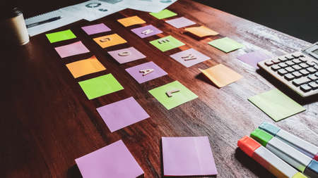 New goal Start up. Business man in black suit meeting at home office and using notes paper share...