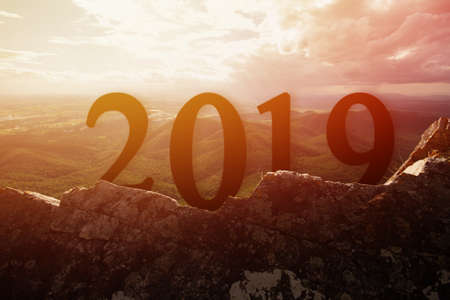 Silhouette Happy for 2019 new year on stone with sunset backgroung