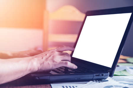 Newsletter concept Hand of businessman checking message box on digital laptop Vintage tone...
