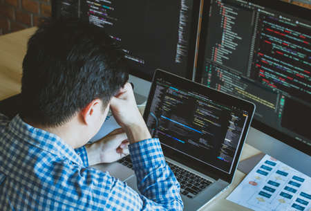 programer having  problem project developer programming and coding technology. Website design Safety of the social world Cyberspace concept.の写真素材