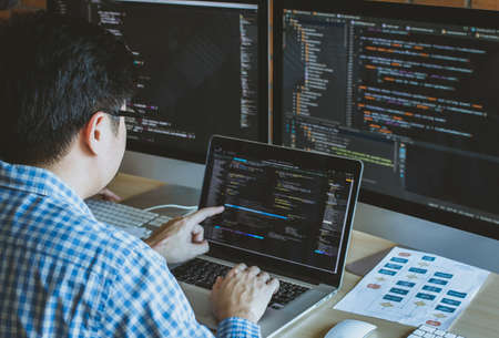 Developer programming and coding technology. Website design Safety of the social world Cyberspace concept.の写真素材