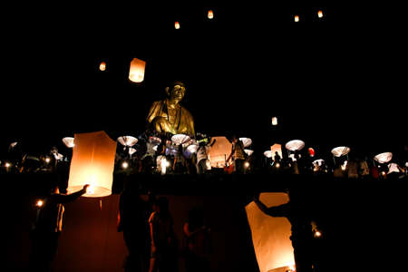 Bright light, Lanterns floating balloons Loy Krathong Day Festival in November 23, 2018 at  Wat doi...