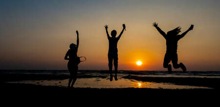Happy friend people group celebrated jumping for good happy day on holiday concept, Person freedom...