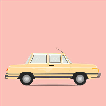 Retro of pastel yellow vintage garage car 70-80s on pink color background,Copy space for your text. Flat design vector illustrationのイラスト素材