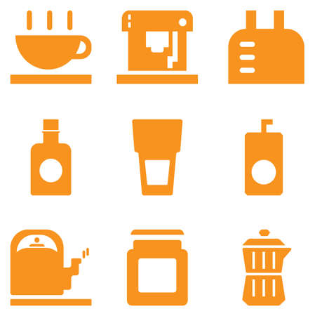 Food and drink Equipment with cup machine coffee kettle bottle glass and moka pot. set orange color Flat icon design vector for webのイラスト素材