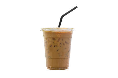 Iced  coffee cup on glass cup isolated  white backgroundの写真素材