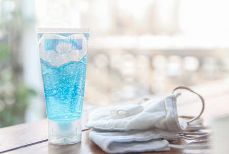 Prevention of medical face masks  and hand alcohol liquid gel for hand hygiene coronavirus...