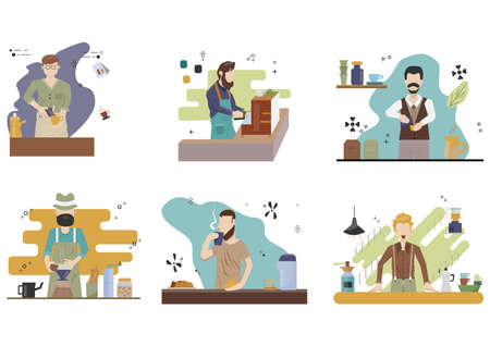 Barista making coffee. People Roasted coffee for dripping hot into the cup tools brewing drip grinding coffee beans with manual stainless steel is drawn illustrations. Flat vector setのイラスト素材