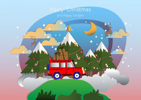 Merry Christmas and New Year with driving or Red car carry by box gift on the road with tree decoration, cloud colorful high sky in the night snowflakes on gold, the moon. flat vector illustrationのイラスト素材