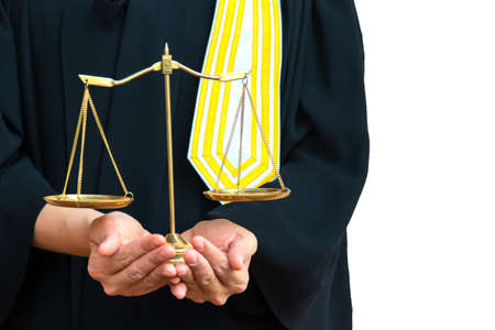 Female lawyer holding Scales of law justice isolated white background. Copy space for your text