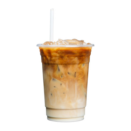 Iced latte coffee on plastic glass and tube sucking isolated white background, summer drink conceptの写真素材