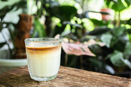 Dirty iced coffee menu. Placed on a wooden table. Green plants backdrop. Leave space for letters.の写真素材