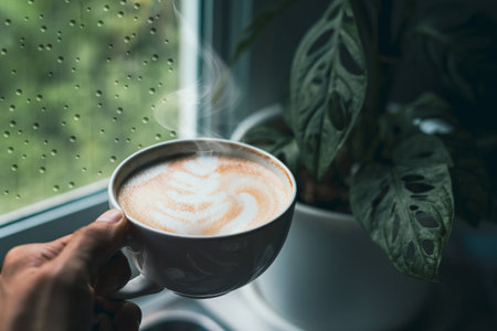 person's hand is holding an aromatic latte art coffee cup. Drink coffee on a rainy day by the windowの写真素材