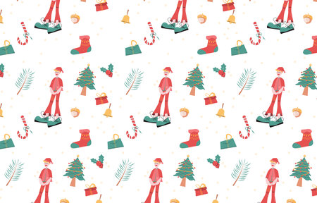Christmas elements with drawing Modern cartoon style with Christmas tree, bells, pine, Envelope, snow, socks, and candy cane cartoon style pattern texture background.  Flat vectorの写真素材