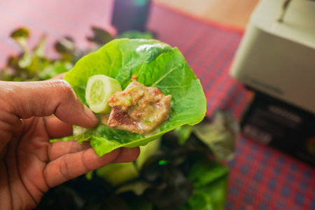 fresh and delicious lettuce wrap filled with grilled pork dipping sauce and cucumber.  perfect balance of flavor health freshness in every bite.  delightful fusion of taste nutritionの写真素材