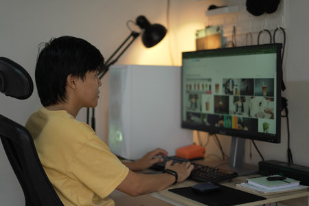 Professionals working remotely from home, using computers in a comfortable home office setup,...