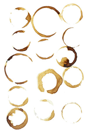 Collection of circle from the bottom cup- real coffee water paint on white paper in many strokes and technique of a brush. Illustration aroma beverage brush as coffee art isolated white background.の写真素材