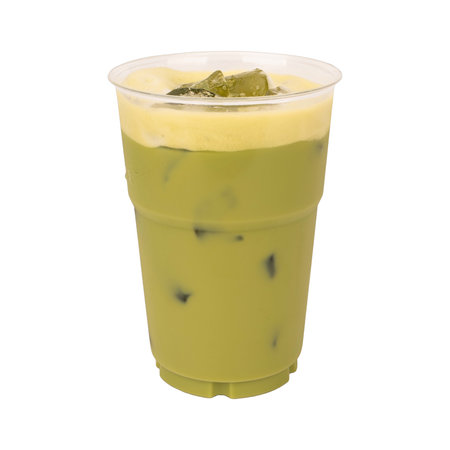 Iced of milk matcha green tea with Creamy foam top in plastic cup isolated white background.の写真素材