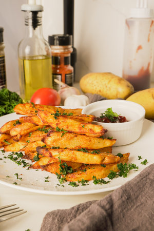 baked potatoes with paprika and garlic, topped with fresh parsley and rich tomato sauce an irresistible homemade dish served fresh from the oven.の写真素材