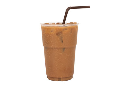 Iced mocha coffee on plastic cup isolated white background.の写真素材