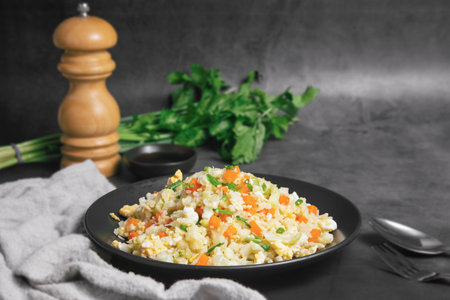 Non-gluten fried rice made from cauliflower, carrots and eggs, topped with spring onions. Delicious served on a plate with a black stone background. Healthy food.の写真素材
