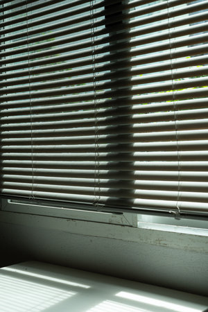 home interior window with vertical blinds shows a mix of dirty and clean surfaces, reflecting...