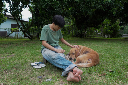 person in Asia bathes a golden retriever at home using shampoo to care for its skin and prevent allergies, hygiene and healthy living in the countryside.の写真素材
